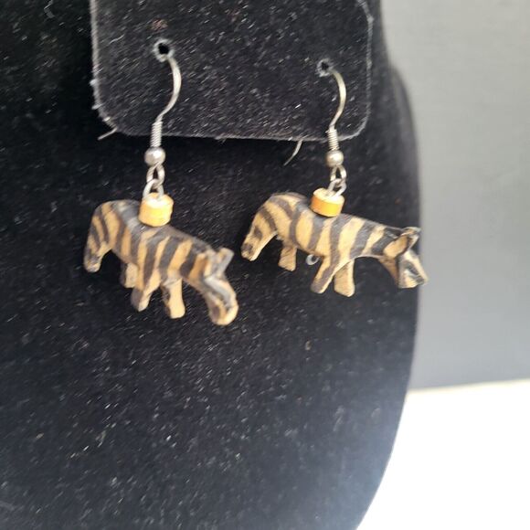Hand Carved Wooden Kenyan Zebra Earrings 1.75" - Picture 3 of 4